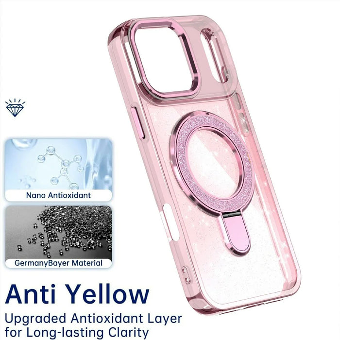 For iPhone 17 Pro Case Glitter Design TPU + PC Kickstand Phone Protector - Pink - 5