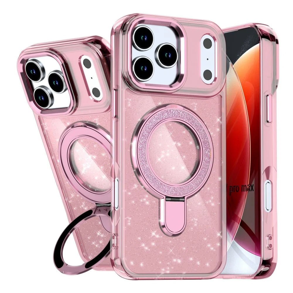 For iPhone 17 Pro Max Case Glitter Design TPU + PC Kickstand Phone Protector - Pink - 1