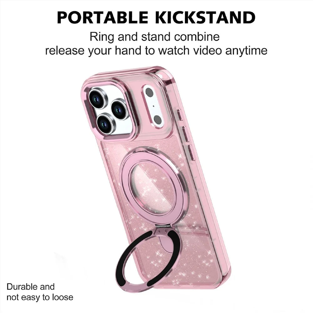 For iPhone 17 Pro Max Case Glitter Design TPU + PC Kickstand Phone Protector - Pink - 2