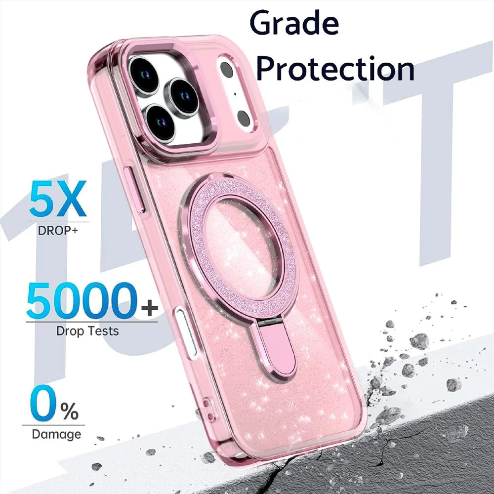 For iPhone 17 Pro Max Case Glitter Design TPU + PC Kickstand Phone Protector - Pink - 4
