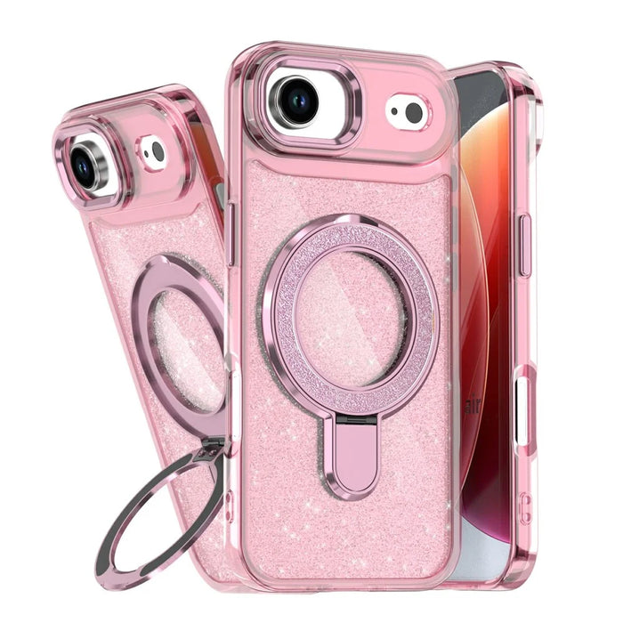 For iPhone Air Case Glitter Design TPU + PC Kickstand Phone Protector - Pink - 1