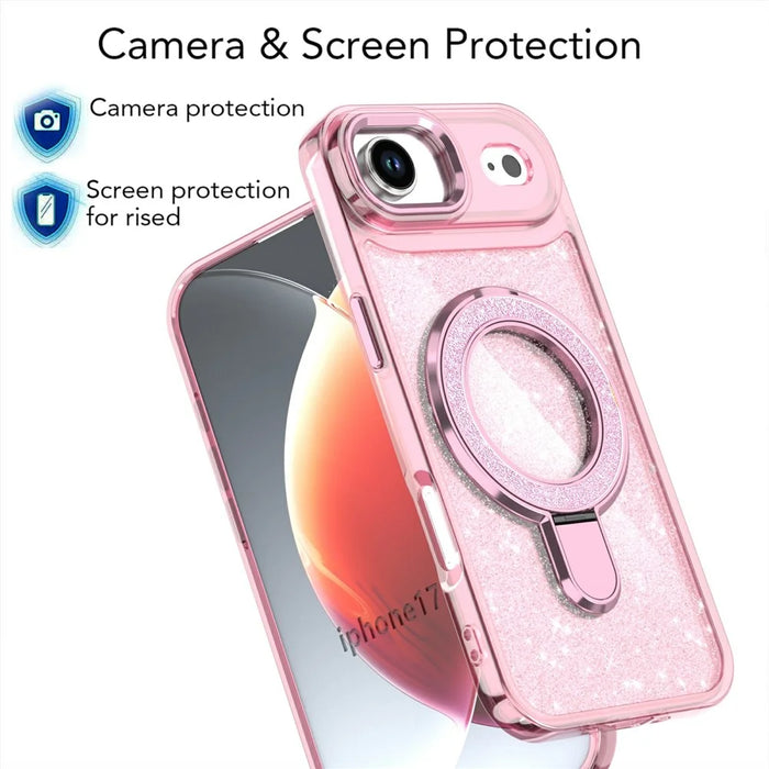 For iPhone Air Case Glitter Design TPU + PC Kickstand Phone Protector - Pink - 5