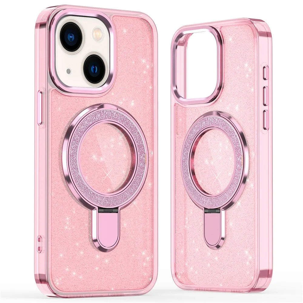 For iPhone 14 Case Glitter Design TPU + PC Kickstand Phone Protector - Pink - 1