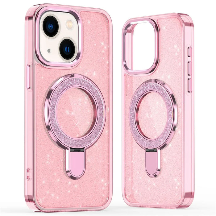 For iPhone 14 Case Glitter Design TPU + PC Kickstand Phone Protector - Pink - 1