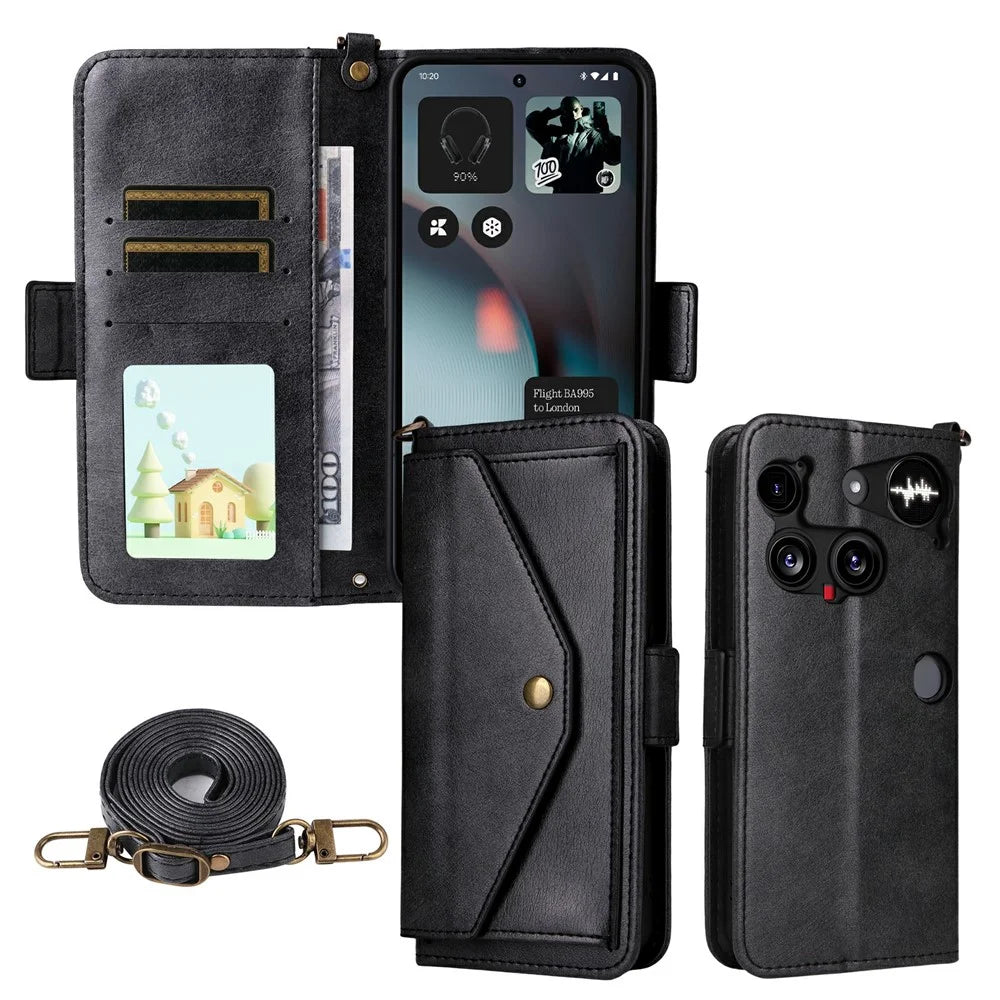 For Nothing Phone (3) 5G Leather Case Magnetic Closure Wallet Stand Phone Cover with Crossbody Strap - Black - 1