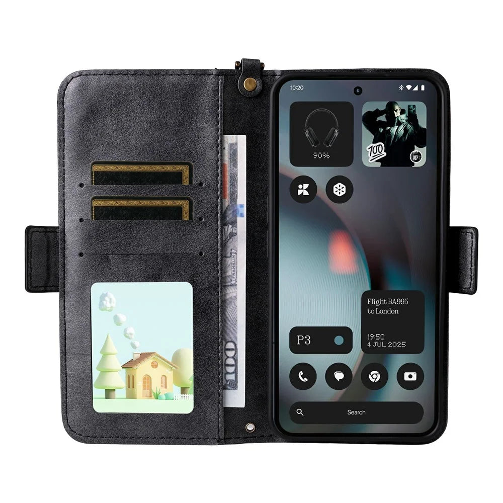 For Nothing Phone (3) 5G Leather Case Magnetic Closure Wallet Stand Phone Cover with Crossbody Strap - Black - 2