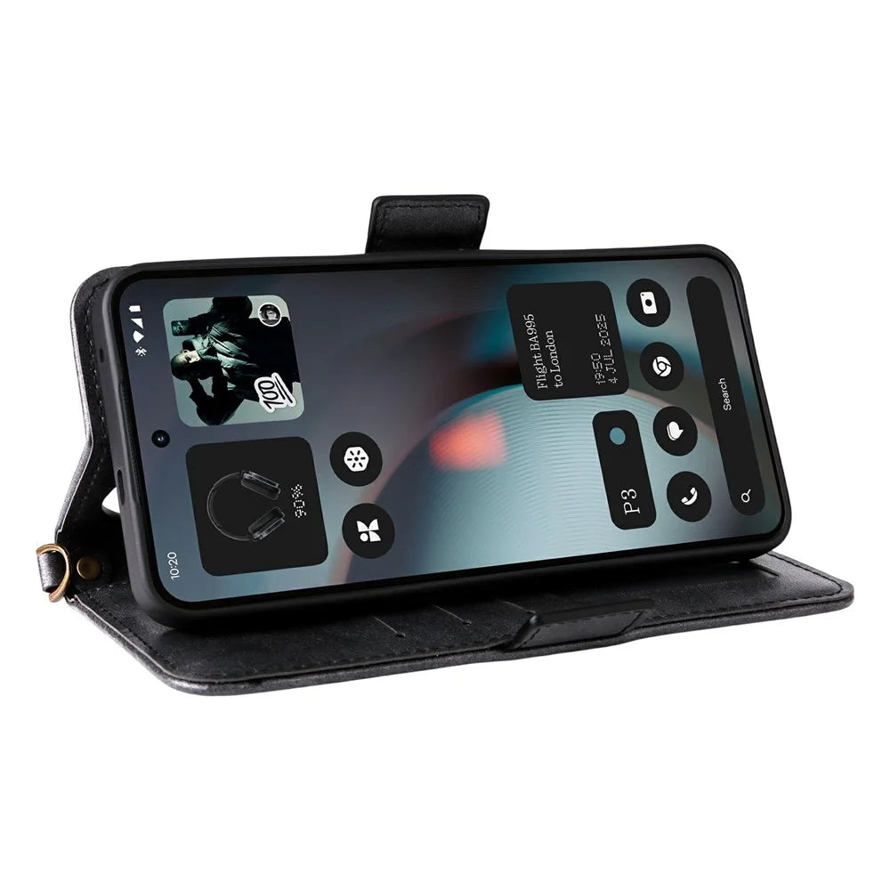 For Nothing Phone (3) 5G Leather Case Magnetic Closure Wallet Stand Phone Cover with Crossbody Strap - Black - 3