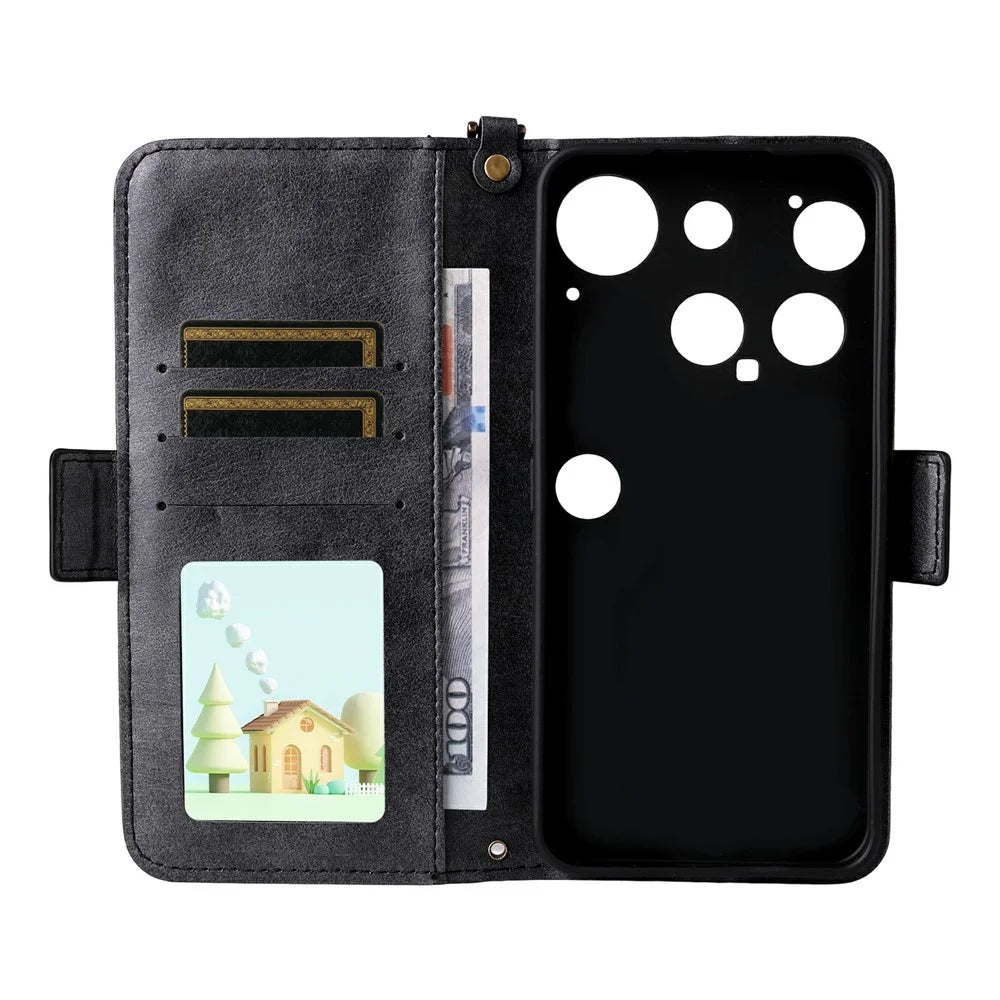 For Nothing Phone (3) 5G Leather Case Magnetic Closure Wallet Stand Phone Cover with Crossbody Strap - Black - 5