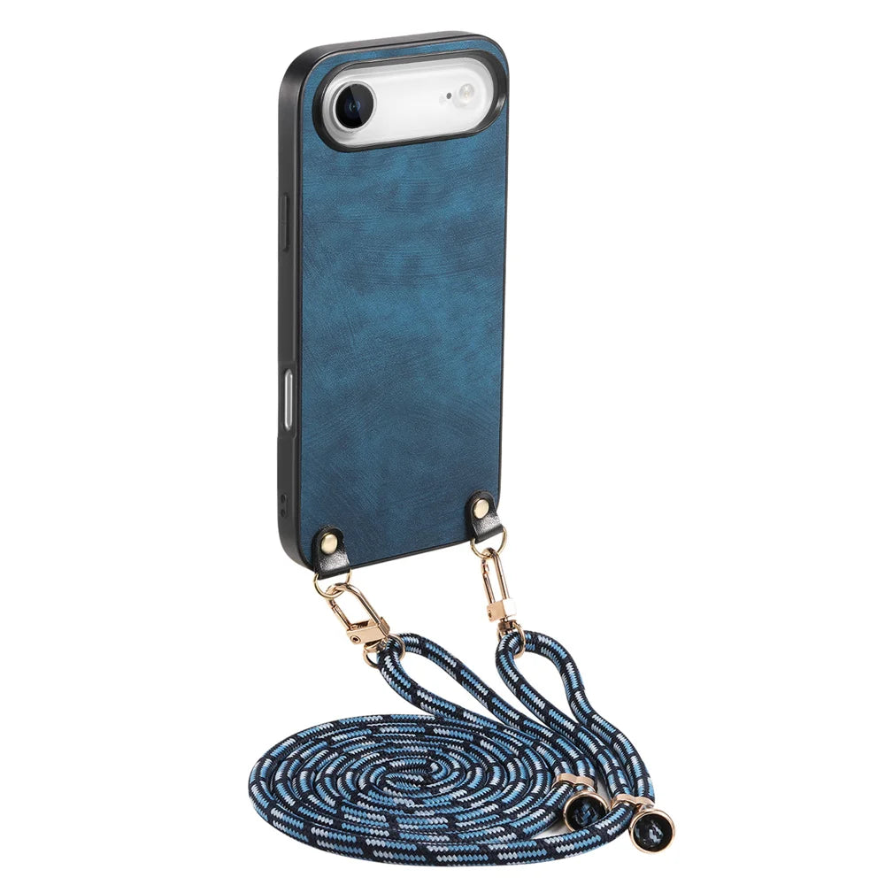 For iPhone Air Retro Leather Phone Back Cover with Adjustable Strap - Blue - 1