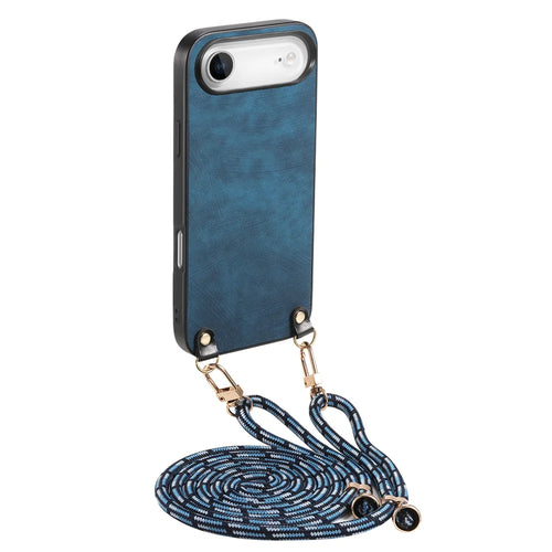 For iPhone Air Retro Leather Phone Back Cover with Adjustable Strap - Blue - 1