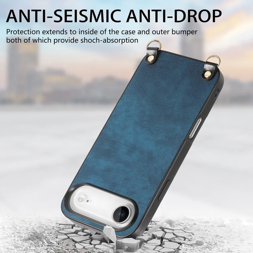 For iPhone Air Retro Leather Phone Back Cover with Adjustable Strap - Blue - 2