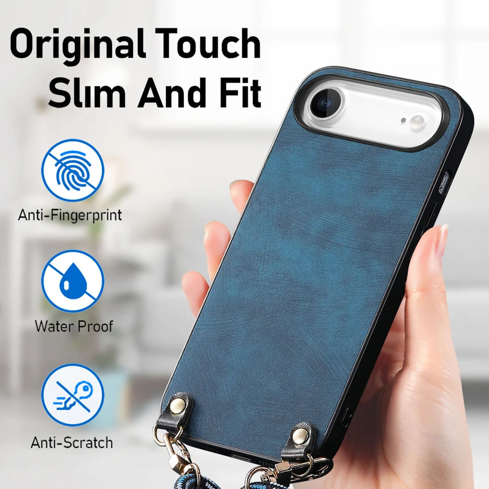 For iPhone Air Retro Leather Phone Back Cover with Adjustable Strap - Blue - 3