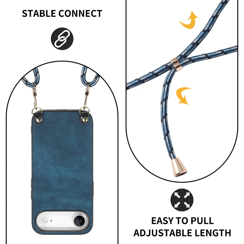 For iPhone Air Retro Leather Phone Back Cover with Adjustable Strap - Blue - 4