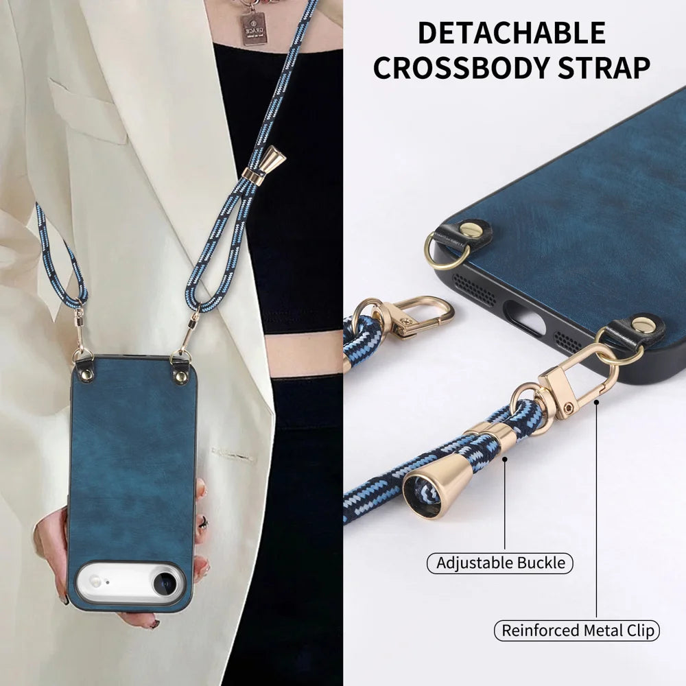 For iPhone Air Retro Leather Phone Back Cover with Adjustable Strap - Blue - 5