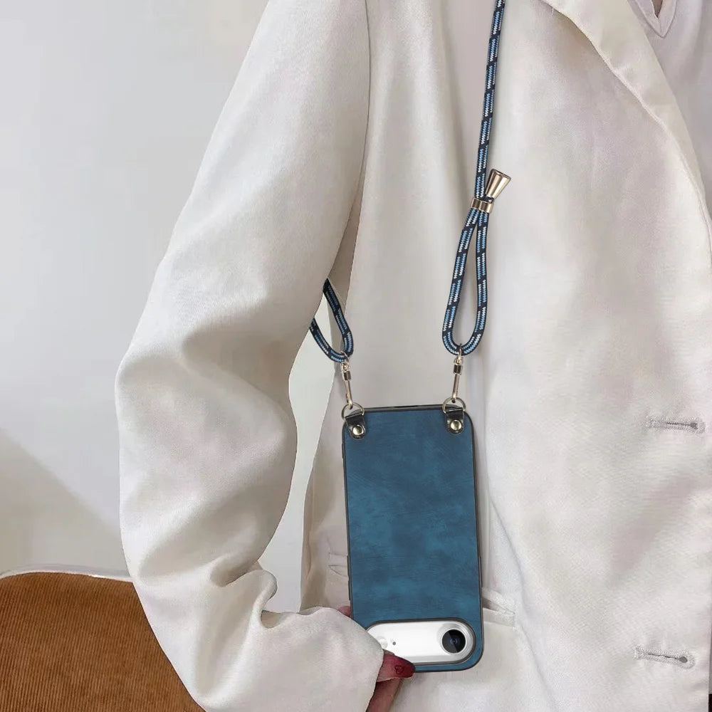 For iPhone Air Retro Leather Phone Back Cover with Adjustable Strap - Blue - 6