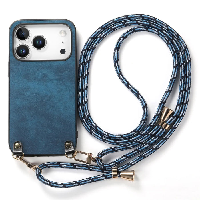 For iPhone 17 Pro Retro Leather Phone Back Cover with Adjustable Strap - Blue - 2