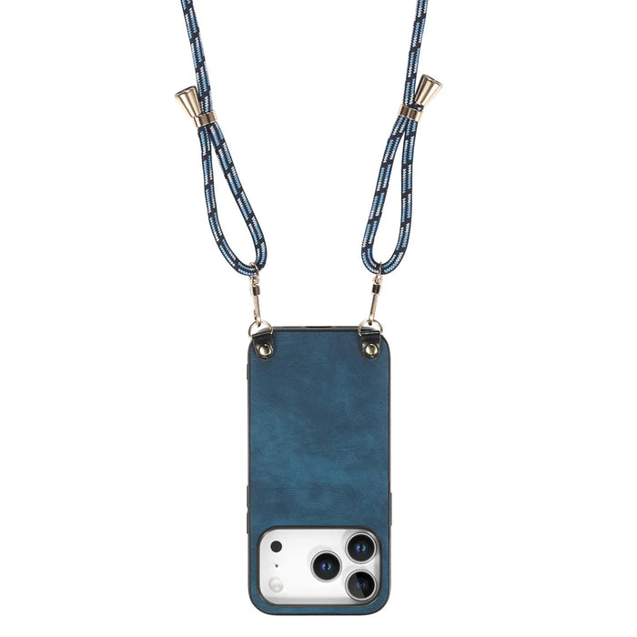 For iPhone 17 Pro Retro Leather Phone Back Cover with Adjustable Strap - Blue - 3