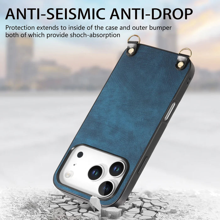 For iPhone 17 Pro Retro Leather Phone Back Cover with Adjustable Strap - Blue - 4