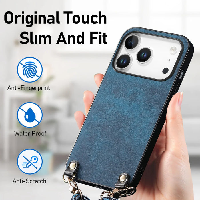 For iPhone 17 Pro Retro Leather Phone Back Cover with Adjustable Strap - Blue - 5