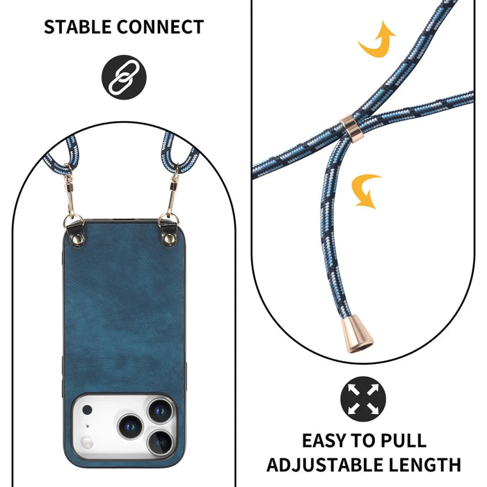 For iPhone 17 Pro Retro Leather Phone Back Cover with Adjustable Strap - Blue - 6