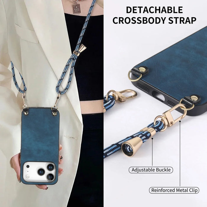 For iPhone 17 Pro Retro Leather Phone Back Cover with Adjustable Strap - Blue - 7