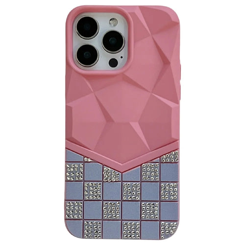 For iPhone 16 Pro Max Case Geometric Diamond Pattern Rhinestone Decor Rubberized TPU Phone Cover - Pink - 1