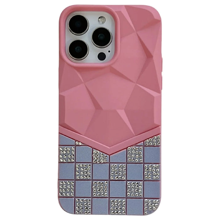 For iPhone 16 Pro Max Case Geometric Diamond Pattern Rhinestone Decor Rubberized TPU Phone Cover - Pink - 1