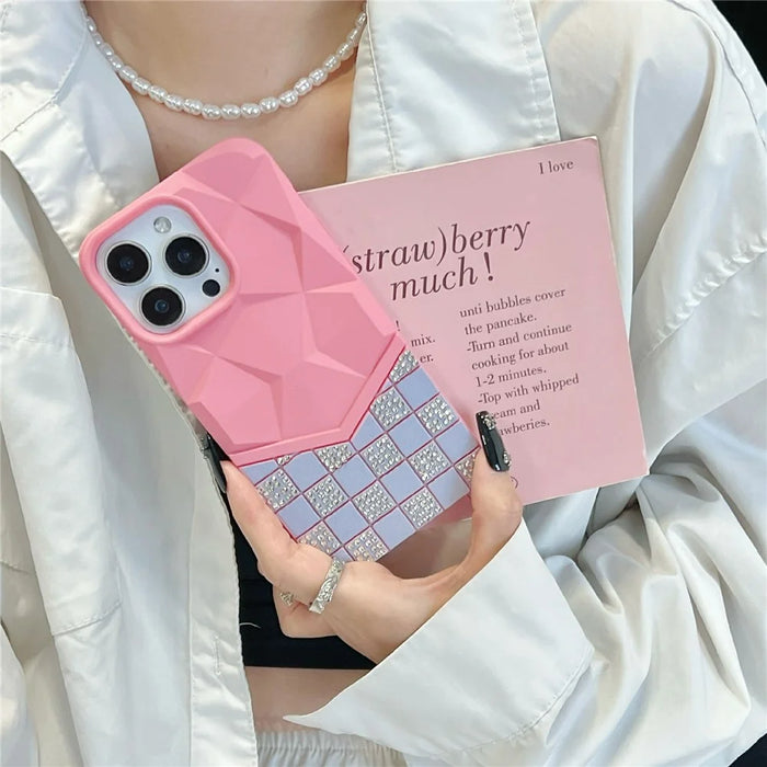 For iPhone 16 Pro Max Case Geometric Diamond Pattern Rhinestone Decor Rubberized TPU Phone Cover - Pink - 2