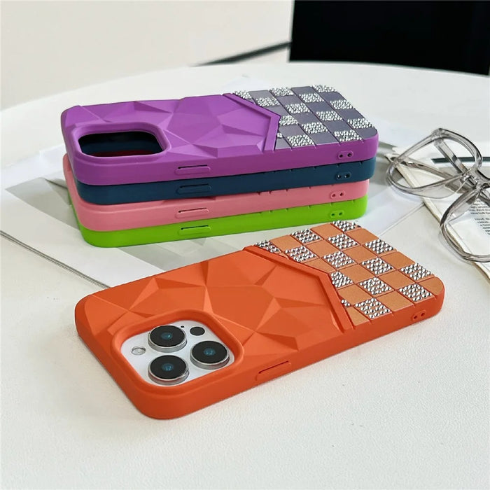 For iPhone 16 Pro Max Case Geometric Diamond Pattern Rhinestone Decor Rubberized TPU Phone Cover - Pink - 3