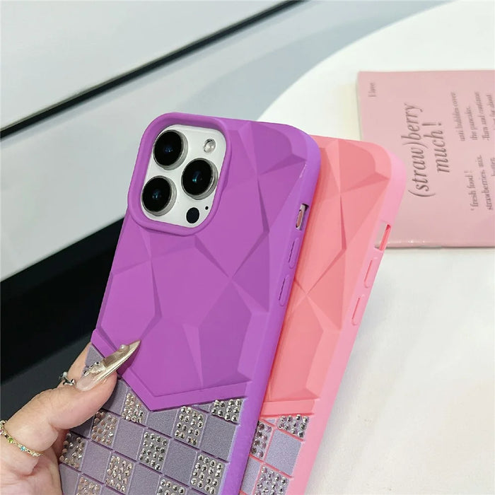 For iPhone 16 Pro Max Case Geometric Diamond Pattern Rhinestone Decor Rubberized TPU Phone Cover - Pink - 4