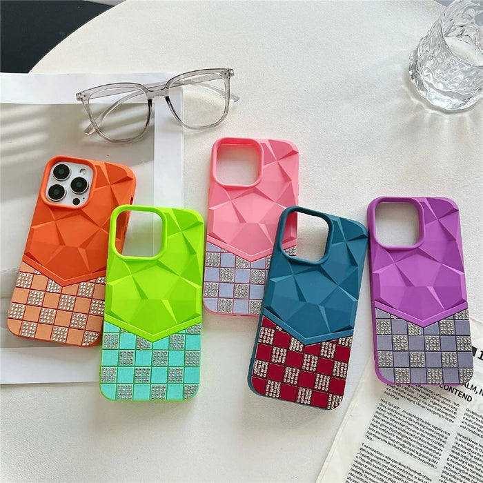 For iPhone 16 Pro Max Case Geometric Diamond Pattern Rhinestone Decor Rubberized TPU Phone Cover - Pink - 6