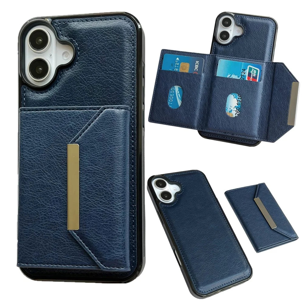 For iPhone 17 Case Card Bag Kickstand TPU + PU Phone Cover - Blue - 1