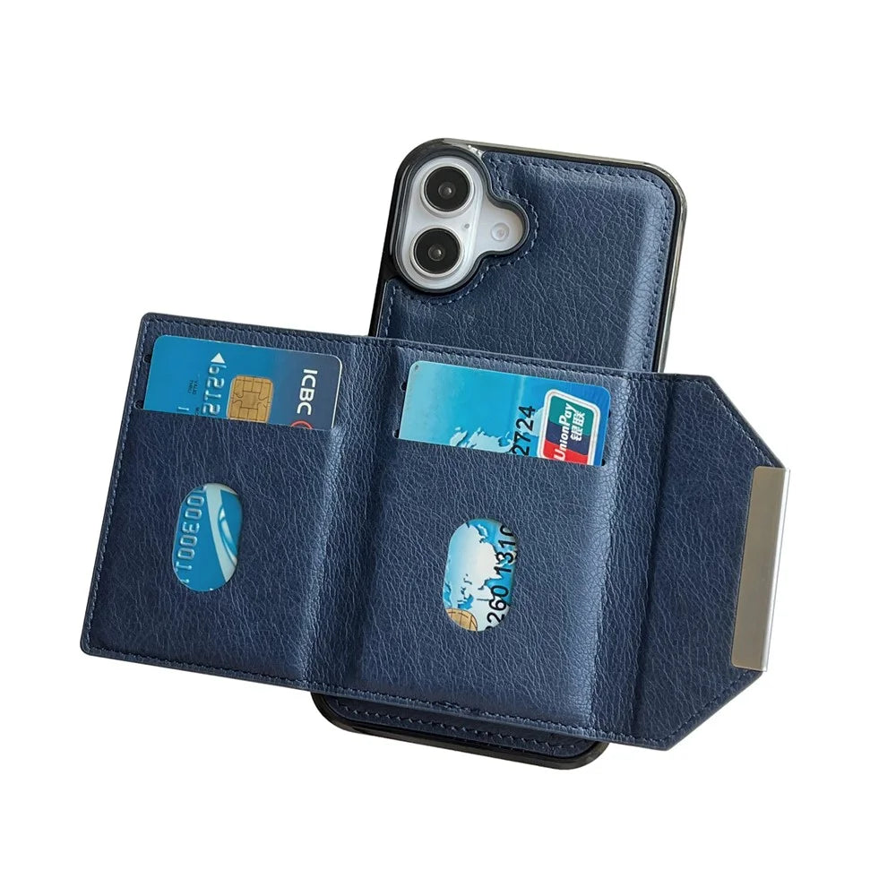 For iPhone 17 Case Card Bag Kickstand TPU + PU Phone Cover - Blue - 3