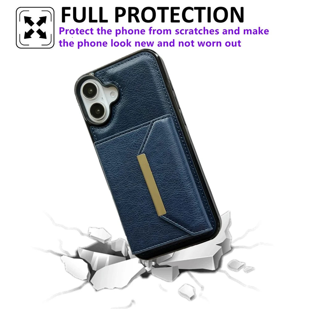 For iPhone 17 Case Card Bag Kickstand TPU + PU Phone Cover - Blue - 6