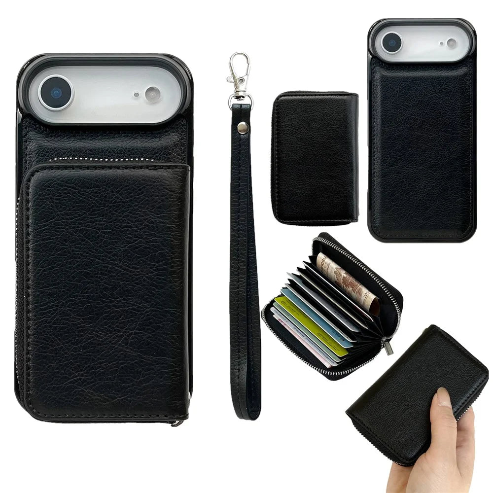 For iPhone Air Case Detachable Zipper Card Bag PU TPU Kickstand Phone Case with Strap - Black - 1