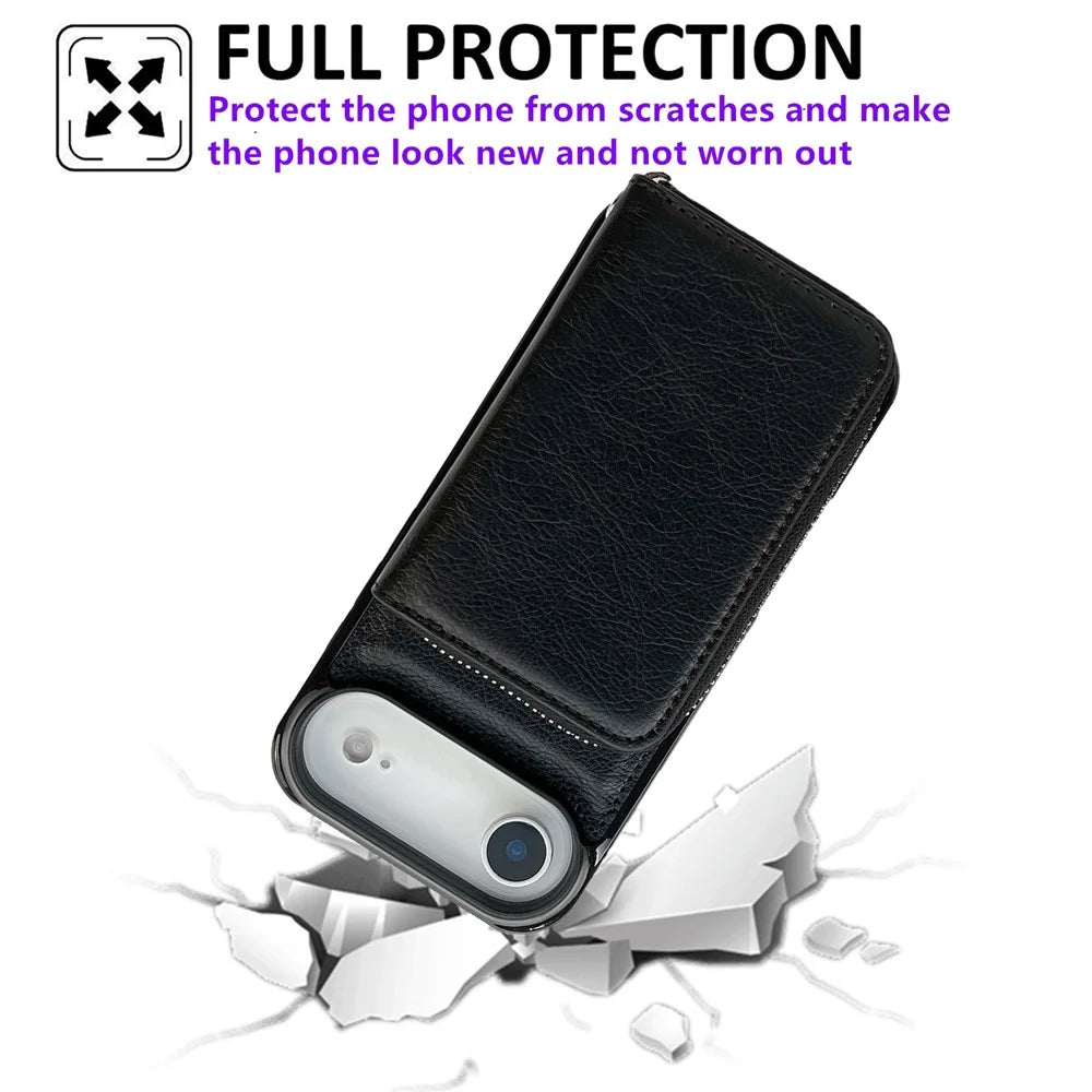For iPhone Air Case Detachable Zipper Card Bag PU TPU Kickstand Phone Case with Strap - Black - 2
