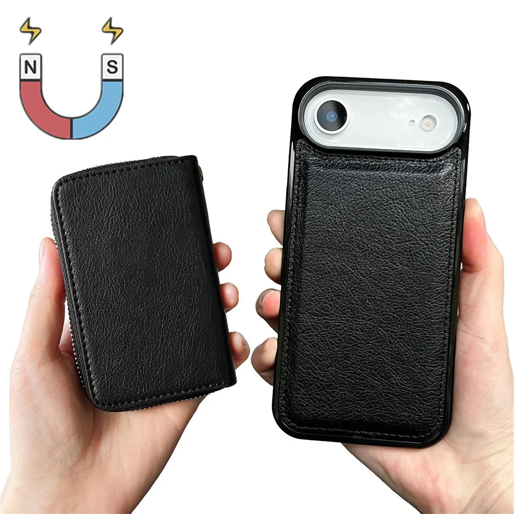 For iPhone Air Case Detachable Zipper Card Bag PU TPU Kickstand Phone Case with Strap - Black - 3