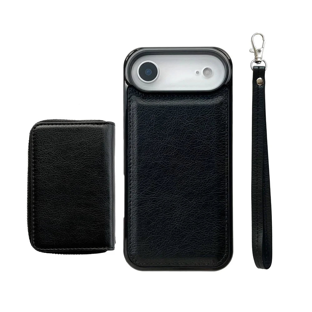 For iPhone Air Case Detachable Zipper Card Bag PU TPU Kickstand Phone Case with Strap - Black - 7