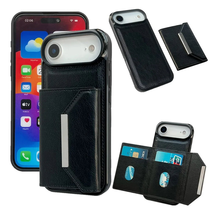 For iPhone Air Case Card Bag Kickstand TPU + PU Phone Cover - Black - 1