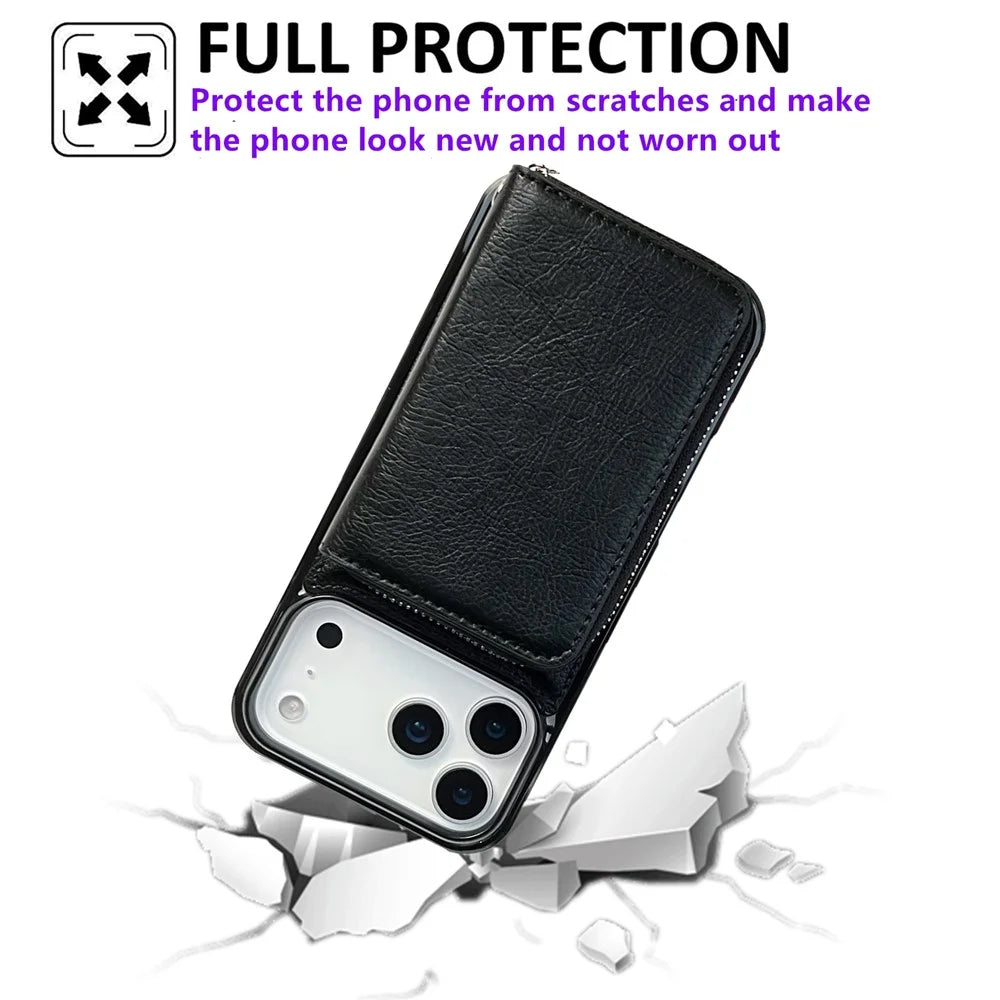 For iPhone 17 Pro Case Detachable Zipper Card Bag PU TPU Kickstand Phone Case with Strap - Black - 2