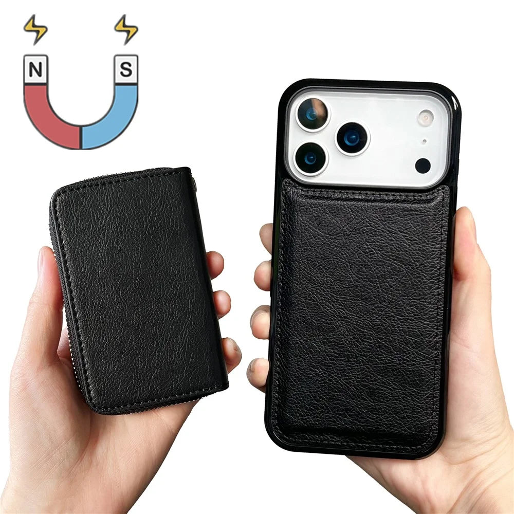 For iPhone 17 Pro Case Detachable Zipper Card Bag PU TPU Kickstand Phone Case with Strap - Black - 3