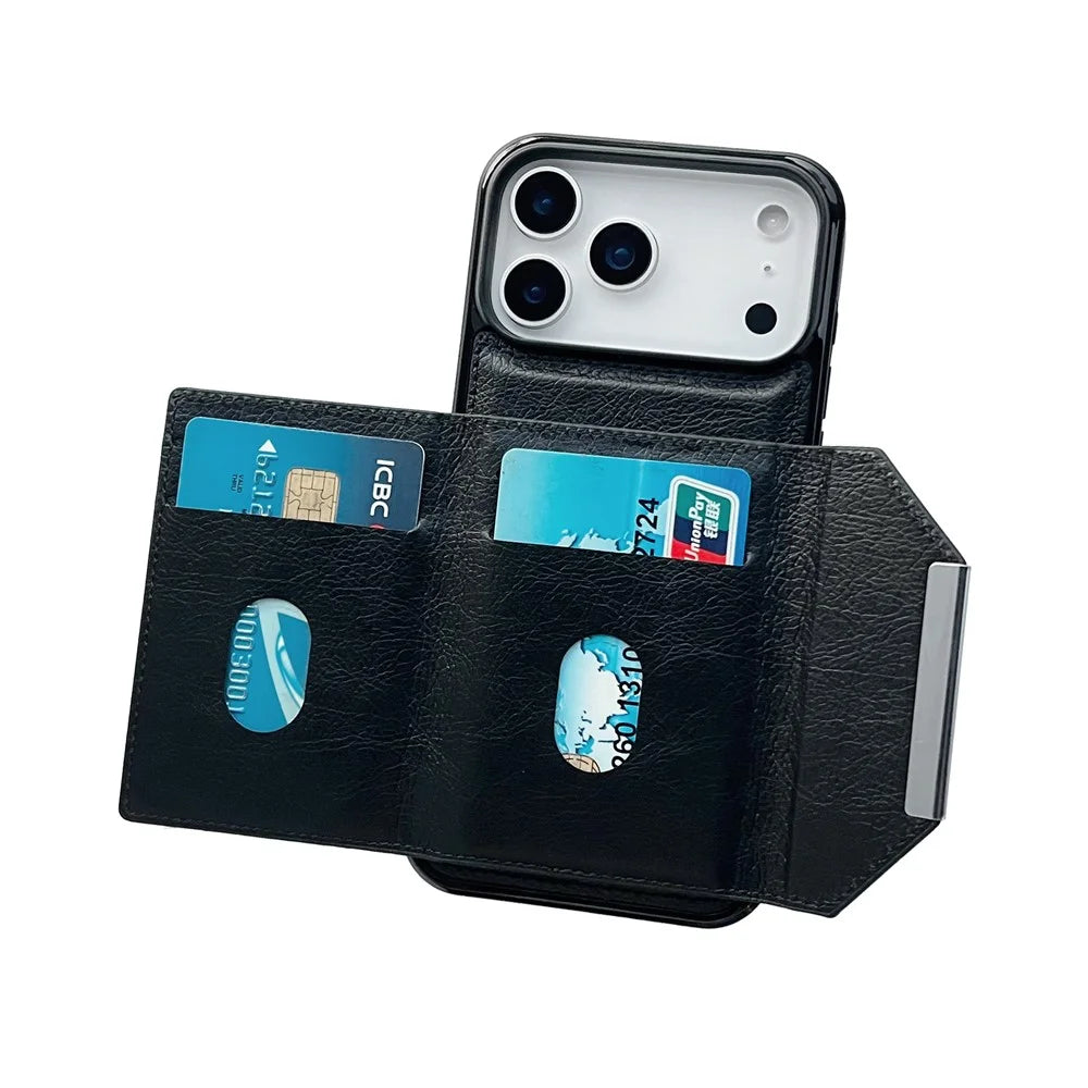 For iPhone 17 Pro Case Card Bag Kickstand TPU + PU Phone Cover - Black - 3