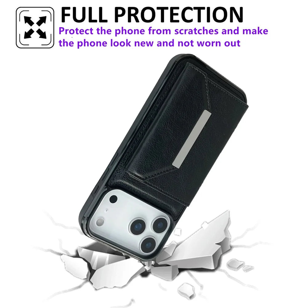 For iPhone 17 Pro Case Card Bag Kickstand TPU + PU Phone Cover - Black - 6