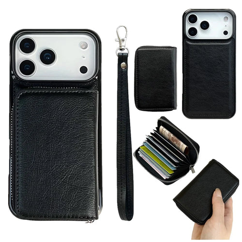 For iPhone 17 Pro Max Case Detachable Zipper Card Bag PU TPU Kickstand Phone Case with Strap - Black - 1