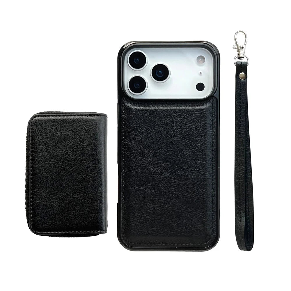 For iPhone 17 Pro Max Case Detachable Zipper Card Bag PU TPU Kickstand Phone Case with Strap - Black - 7