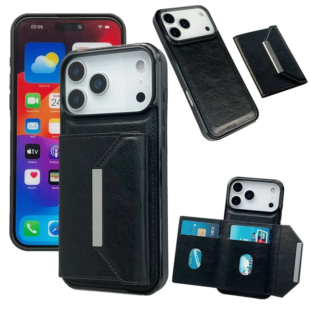 For iPhone 17 Pro Max Case Card Bag Kickstand TPU + PU Phone Cover - Black - 1