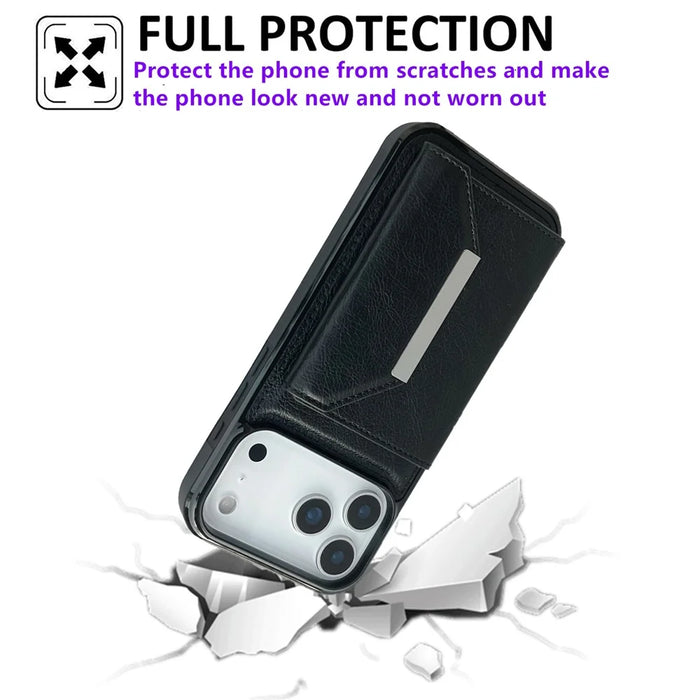 For iPhone 17 Pro Max Case Card Bag Kickstand TPU + PU Phone Cover - Black - 6