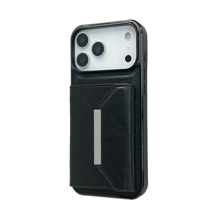 For iPhone 17 Pro Max Case Card Bag Kickstand TPU + PU Phone Cover - Black - 7