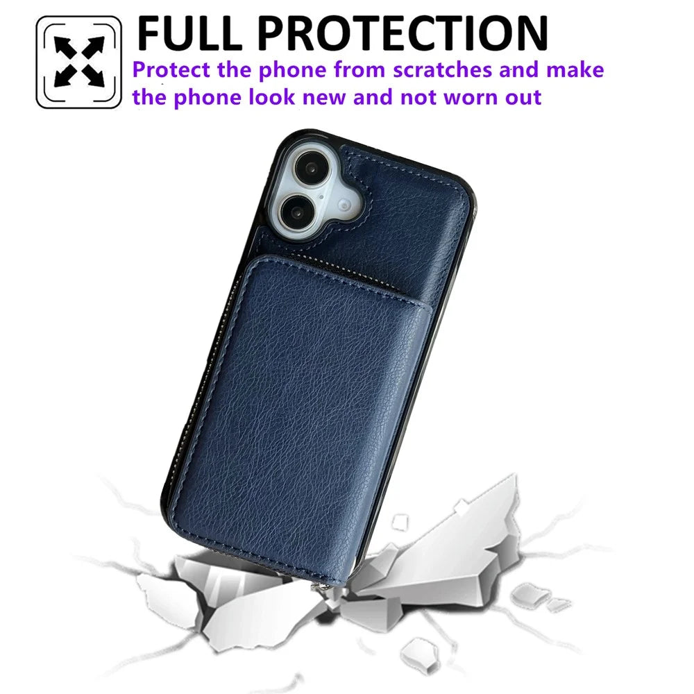 For iPhone 17 Case Detachable Zipper Card Bag PU TPU Kickstand Phone Case with Strap - Sapphire - 3