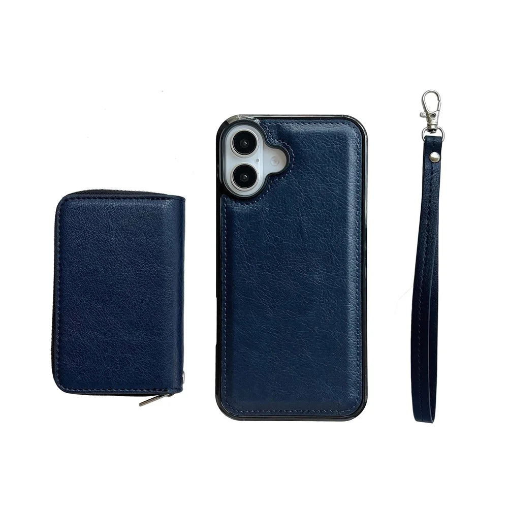 For iPhone 17 Case Detachable Zipper Card Bag PU TPU Kickstand Phone Case with Strap - Sapphire - 6